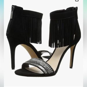Vince Camuto Size 8 Covered-Heel Sandals Fringe-Trimmed Ankle Strap w/ Beading